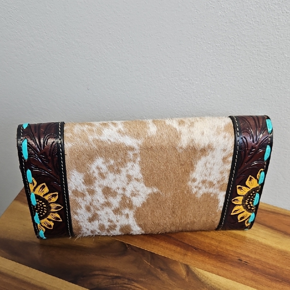 Handmade Western Calf Hair Sunflower Tooled Leather Country Clutch Wallet Bifold - Picture 3 of 10
